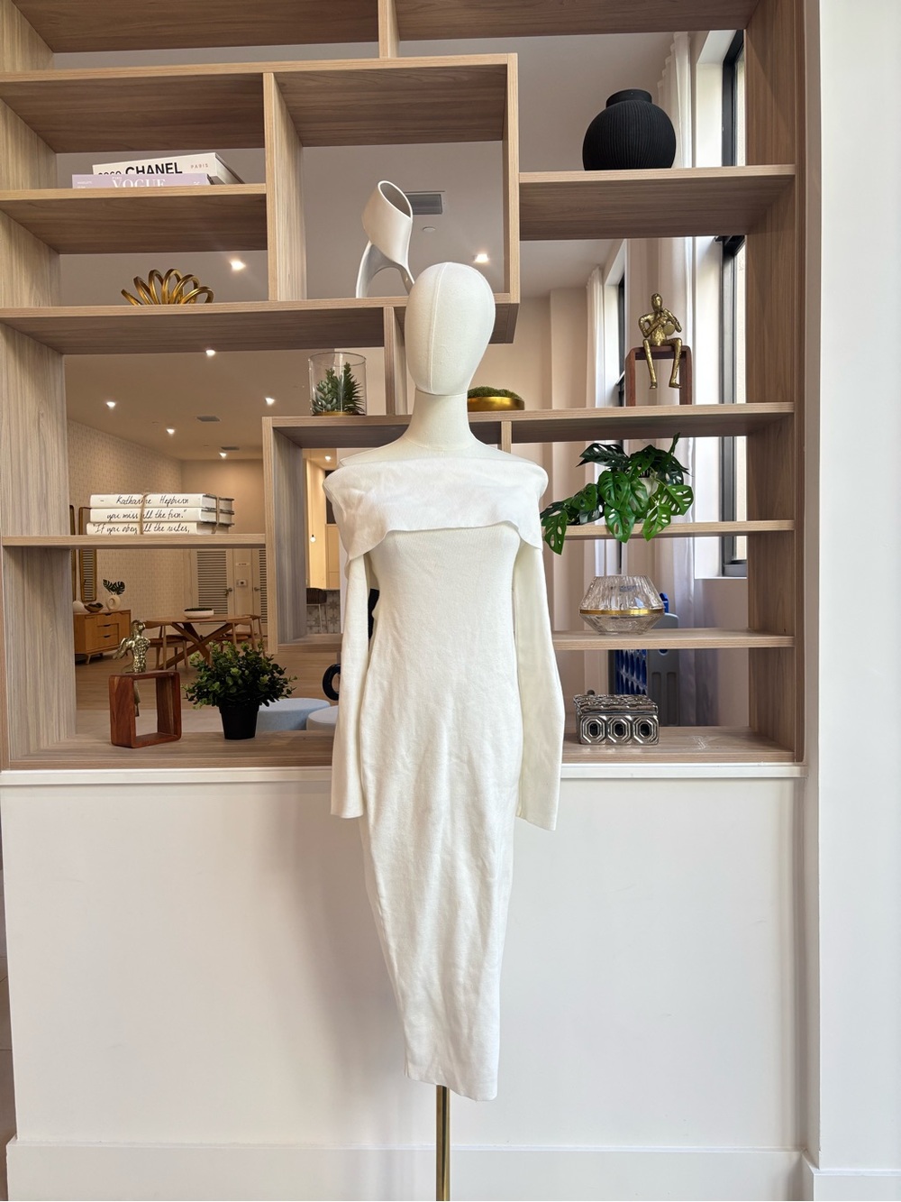 Minimalist Off-Shoulder Cream Midi Dress